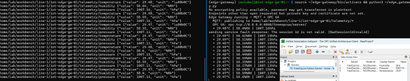 Edge gateway serving sensor data over both MQTT and OPC UA simultaneously